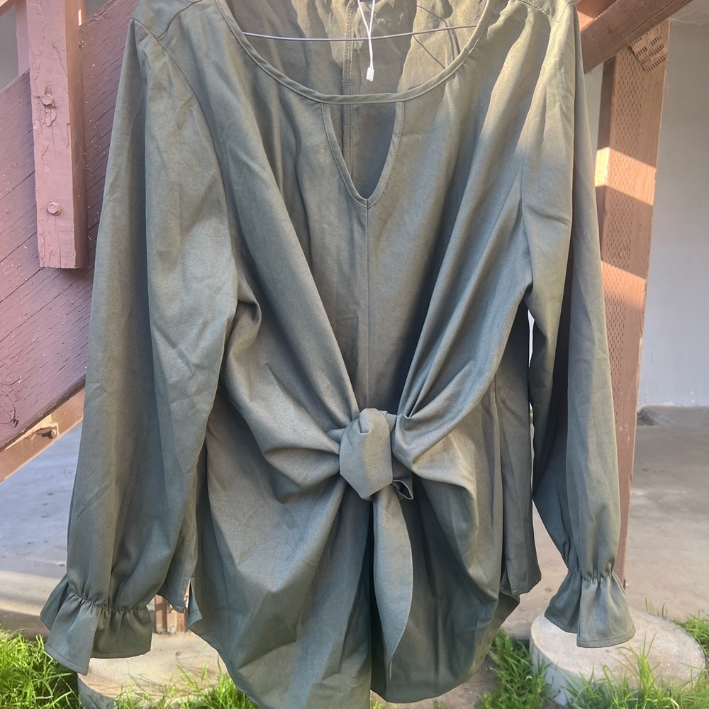 BloomChic Olive Green Front Knot Long Sleeve Blouse - Picture 2 of 7